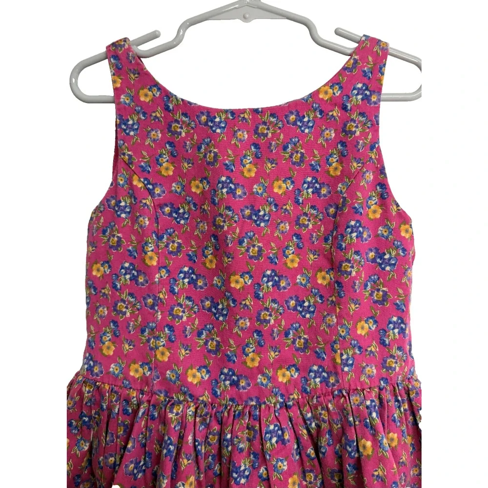 VTG Ralph Lauren Fit Flare Dress Girls 7 Pink Blue Floral Button Back Sleeveless